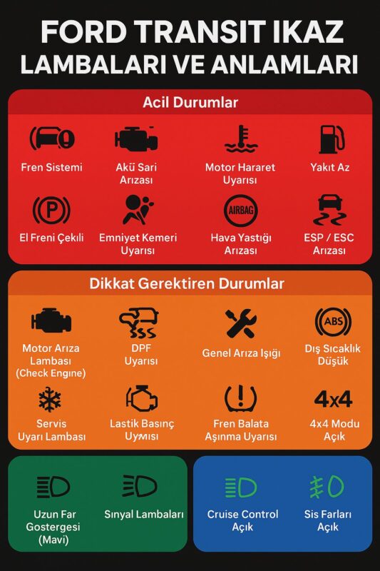 Ford Transit ikaz Lambaları ve Anlamları Türkçe Açıklamaları